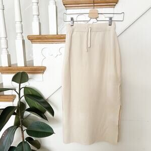 Knitic Beige Knit Midi Skirt Side Slit Elastic Drawstring Waistband Size S Small